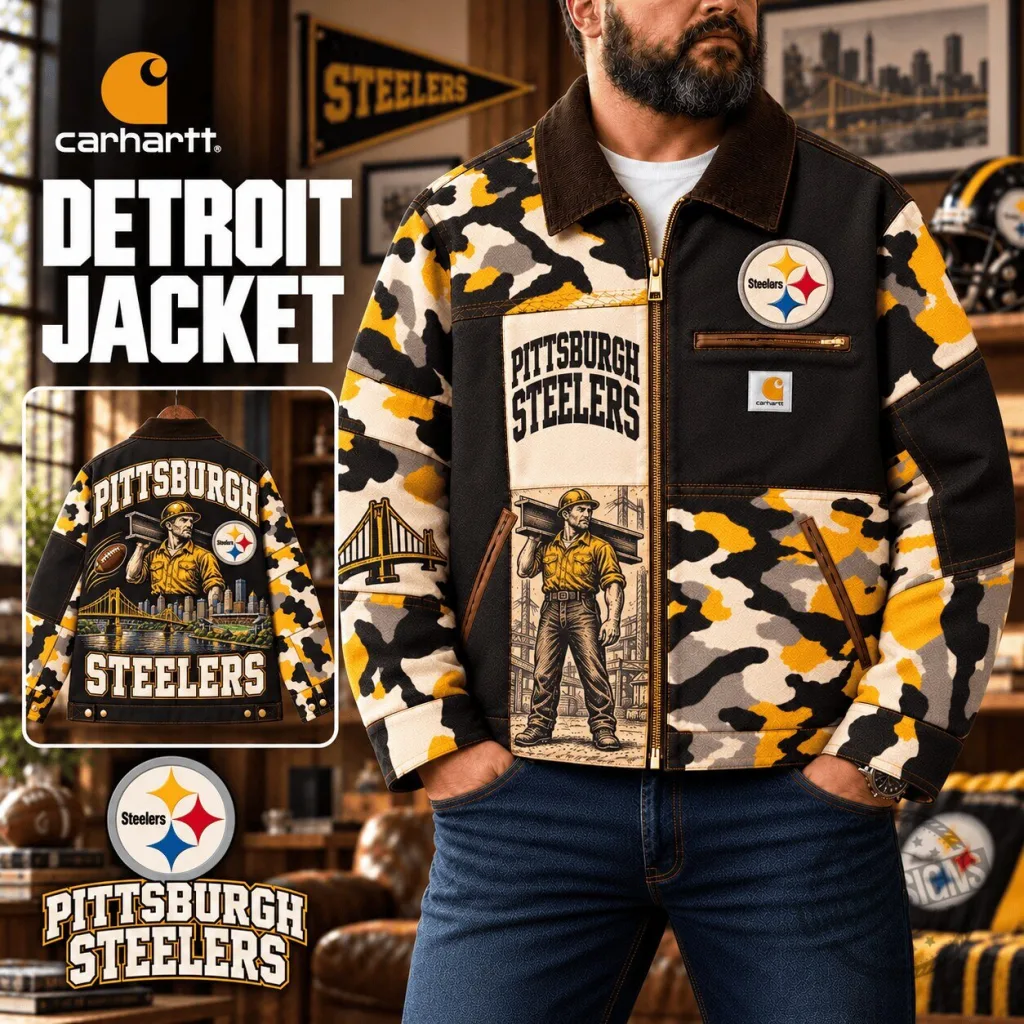 Pittsburgh Steelers Carhartt Camouflage Patchwork Detroit Jacket Pittsburgh Steelers Carhartt Camouflage Patchwork Detroit Jacket