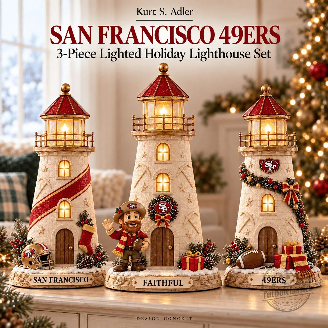 San Francisco 49ers Lighted Holiday Lighthouse Set Christmas Decor Collectible Figurine