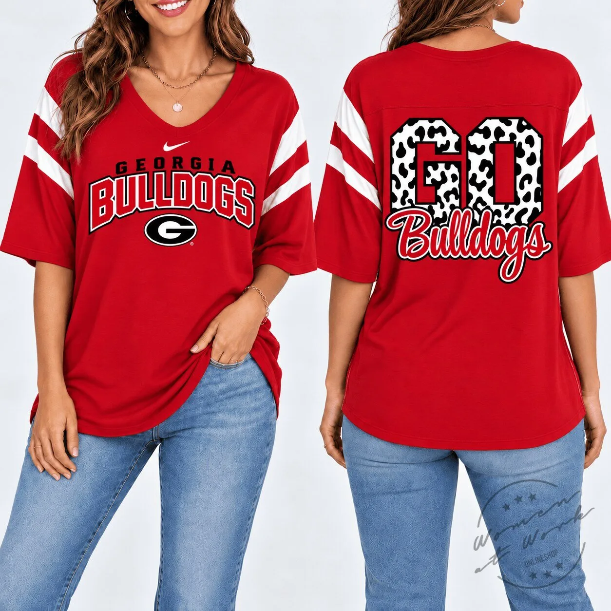 Georgia Bulldogs Shirt Women's Leopard Print Game Day V-Neck T-Shirt
