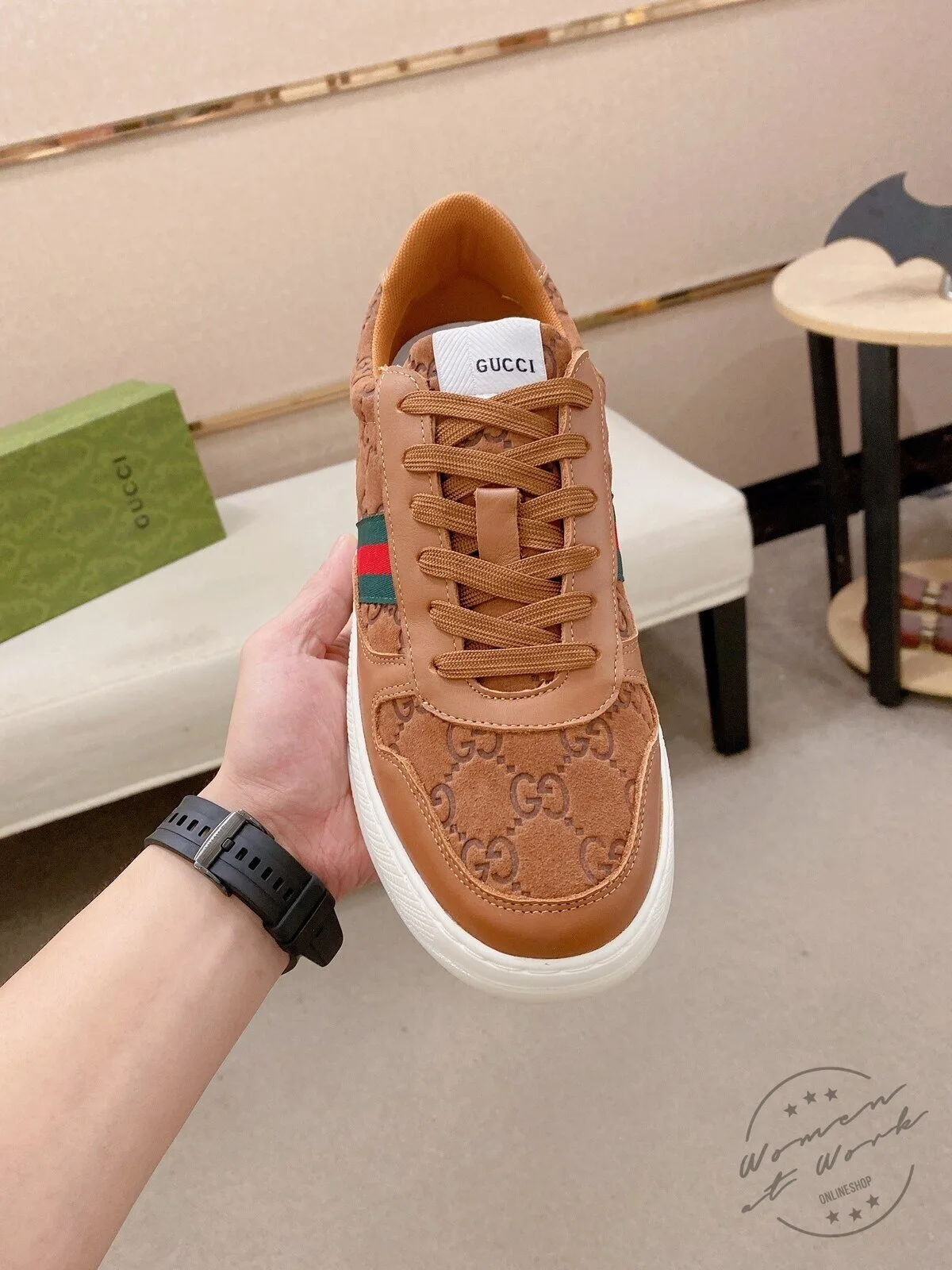 Gucci Brown Leather Embossed Monogram Stripe Fashion Sneakers Shoes