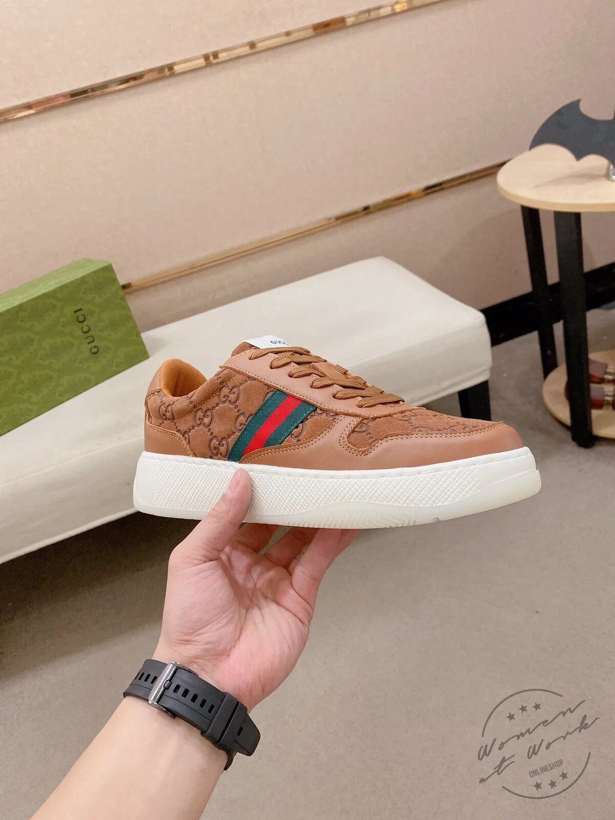 Gucci Brown Leather Embossed Monogram Stripe Fashion Sneakers Shoes 6 Gucci Brown Leather Embossed Monogram Stripe Fashion Sneakers Shoes