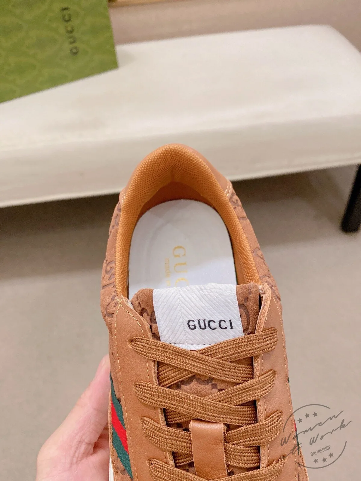 Gucci Brown Leather Embossed Monogram Stripe Fashion Sneakers Shoes 8 Gucci Brown Leather Embossed Monogram Stripe Fashion Sneakers Shoes