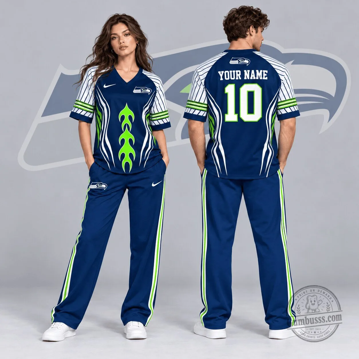 Seattle Seahawks Custom Name and Number Flame Graphic V-Neck Football Jersey
