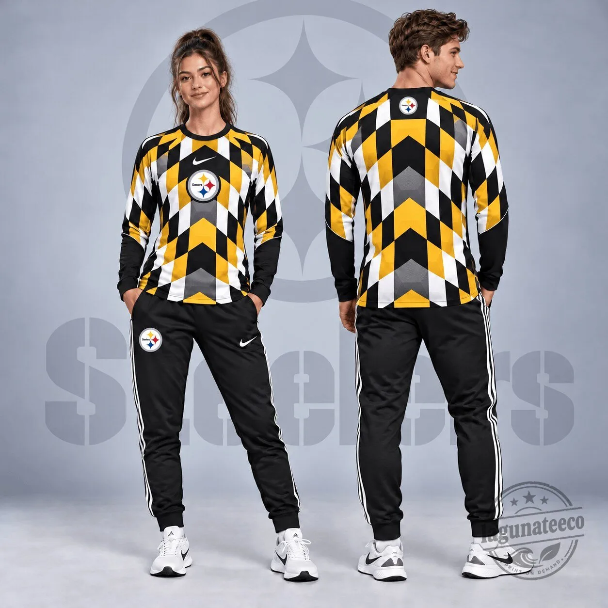 Pittsburgh Steelers Diamond Chevron Geometric Print Long Sleeve Shirt and Striped Jogger Pants Set