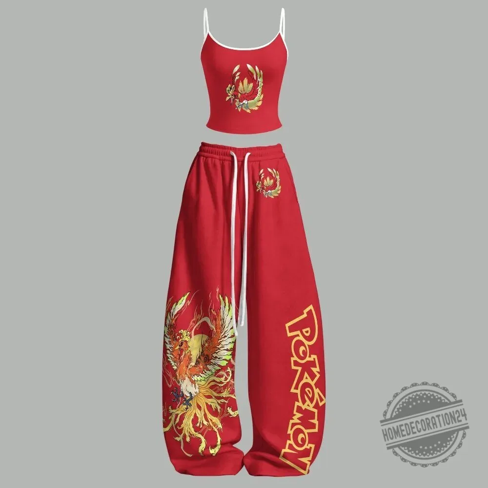 Ho-Oh Pokemon Red Crop Top with Baggy Sweatpants Set - Legendary Phoenix Style