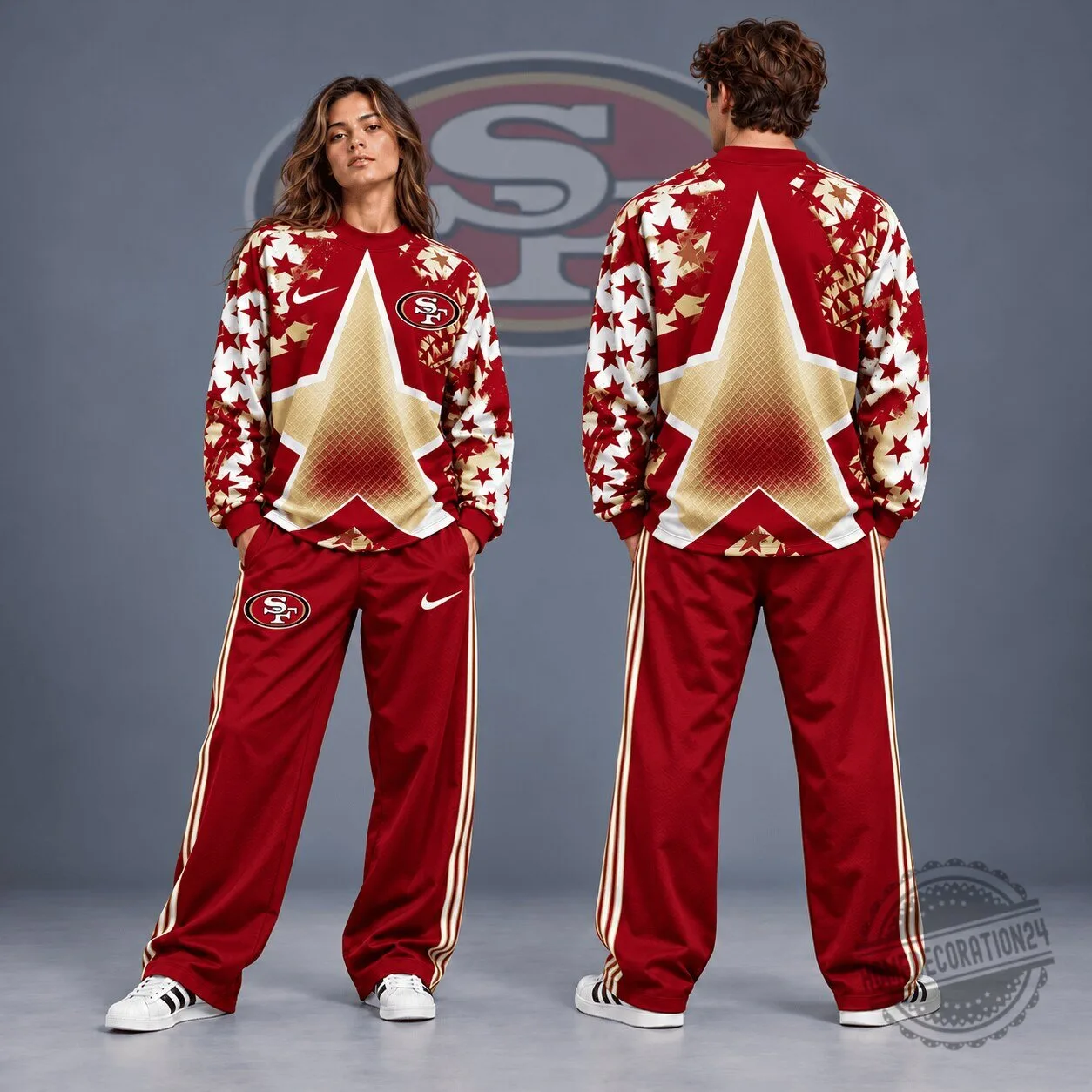 San Francisco 49ers Distressed Starburst Chevron Crewneck Sweatshirt