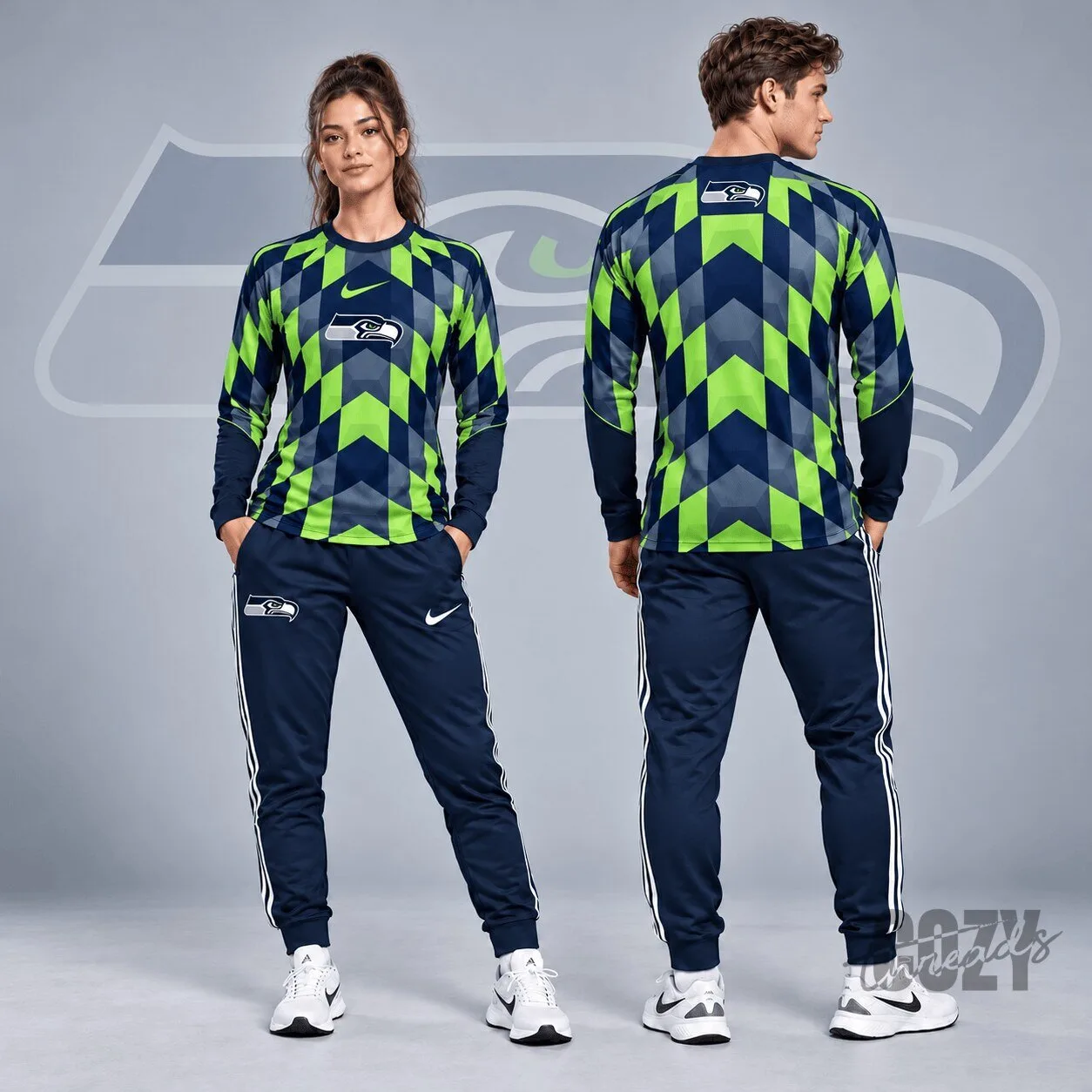 Seattle Seahawks Diamond Chevron Geometric Print Long Sleeve Shirt