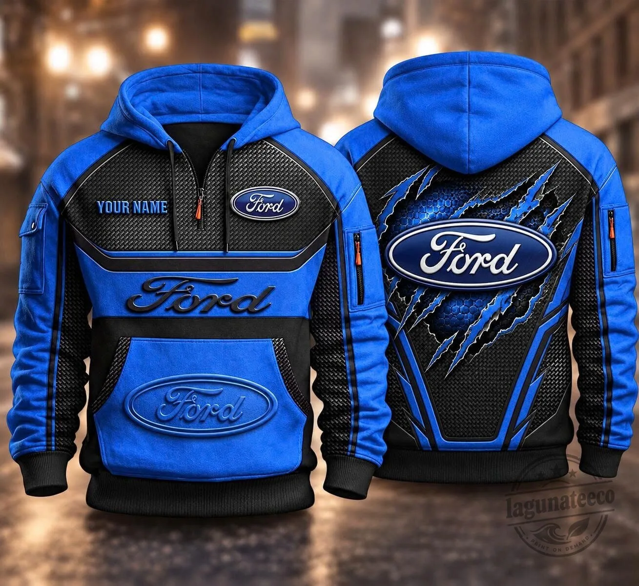 Ford Blue Black Carbon Fiber Custom Name Racing Car Enthusiast Hoodie