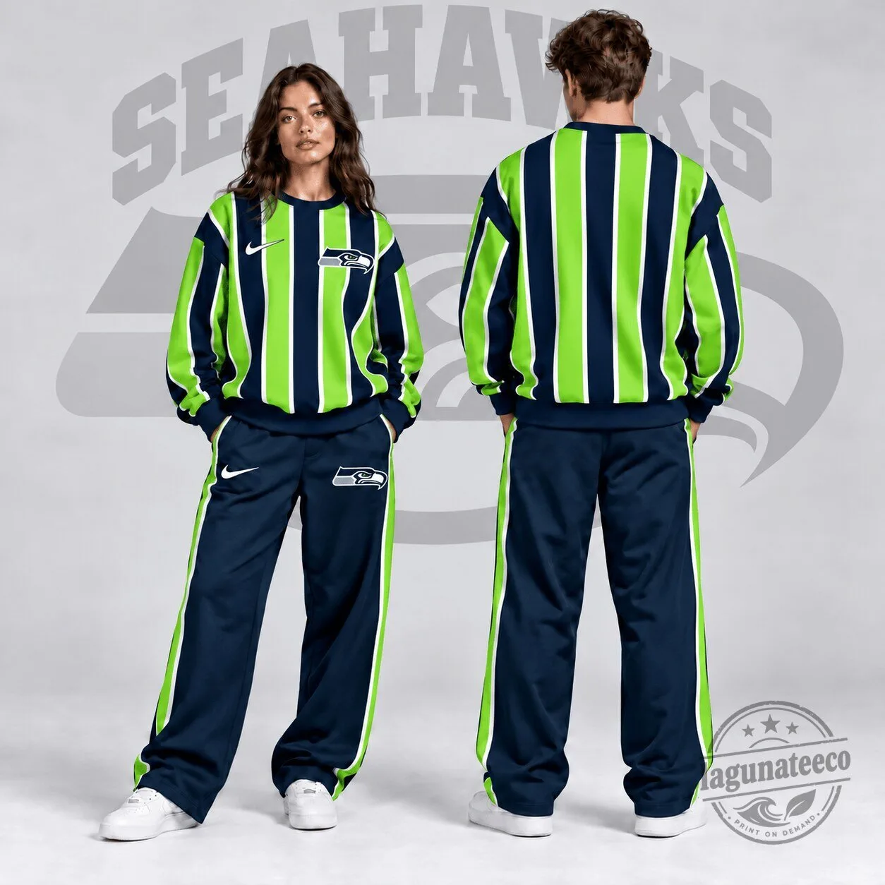 Seattle Seahawks Vertical Stripe Crewneck Sweatshirt and Wide Leg Track Pants Set