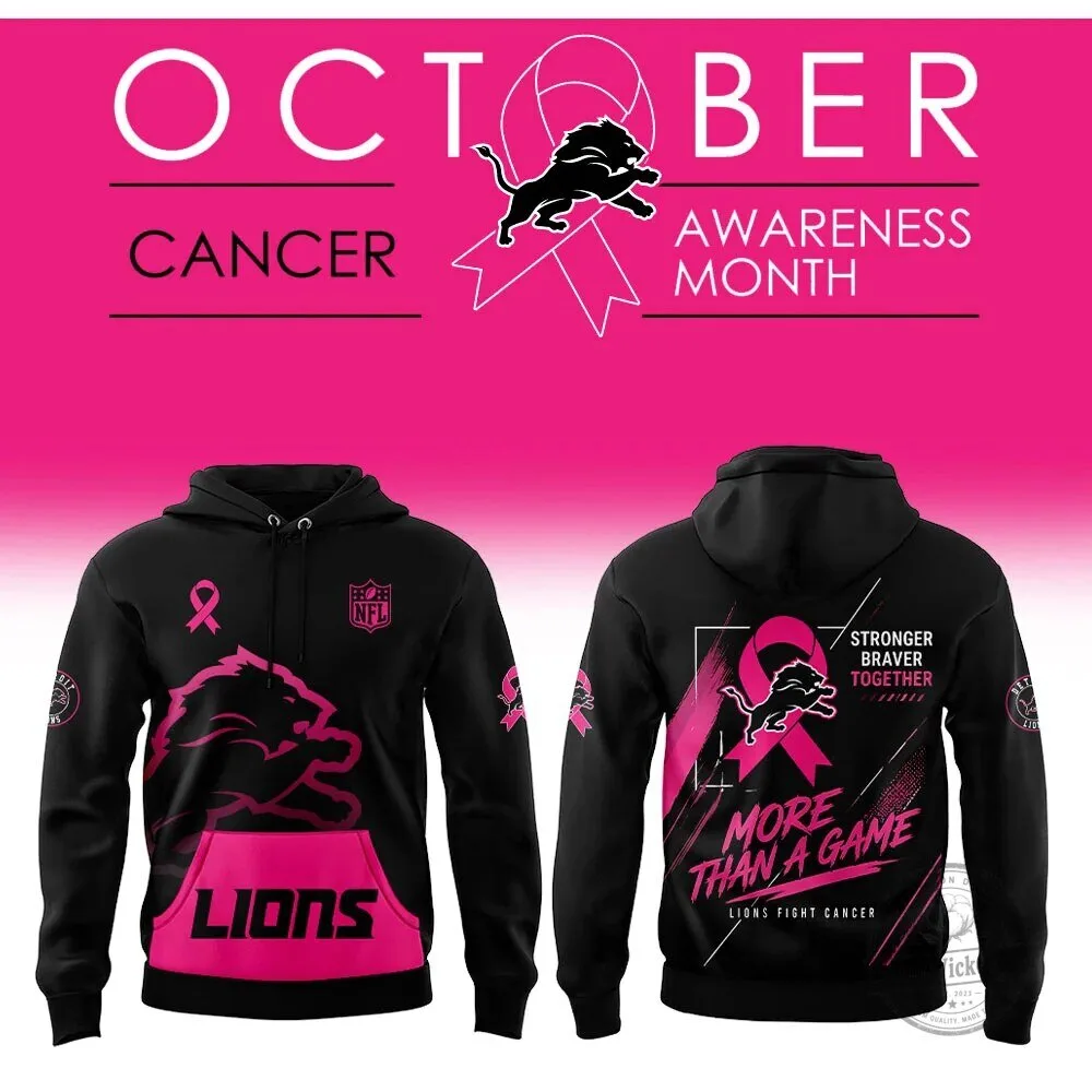 Detroit Lions NFL Cancer Awareness Month Pink Ribbon Black Hoodie