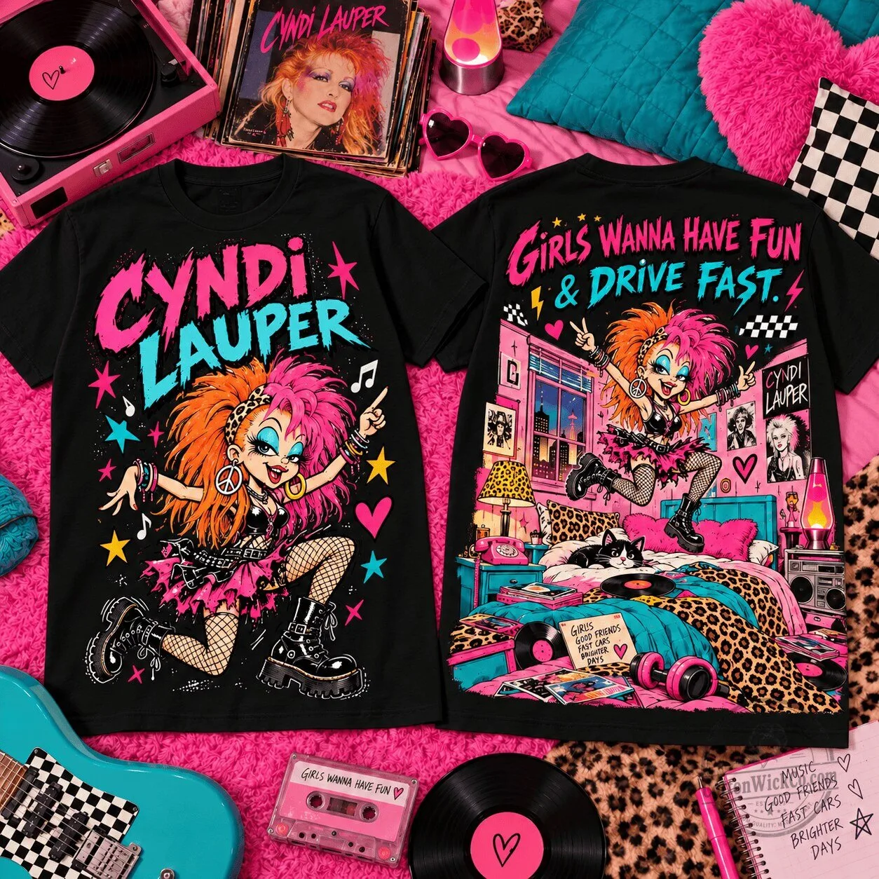 Cyndi Lauper Girls Just Want To Have Fun Neon Punk Graphic Black T-Shirt