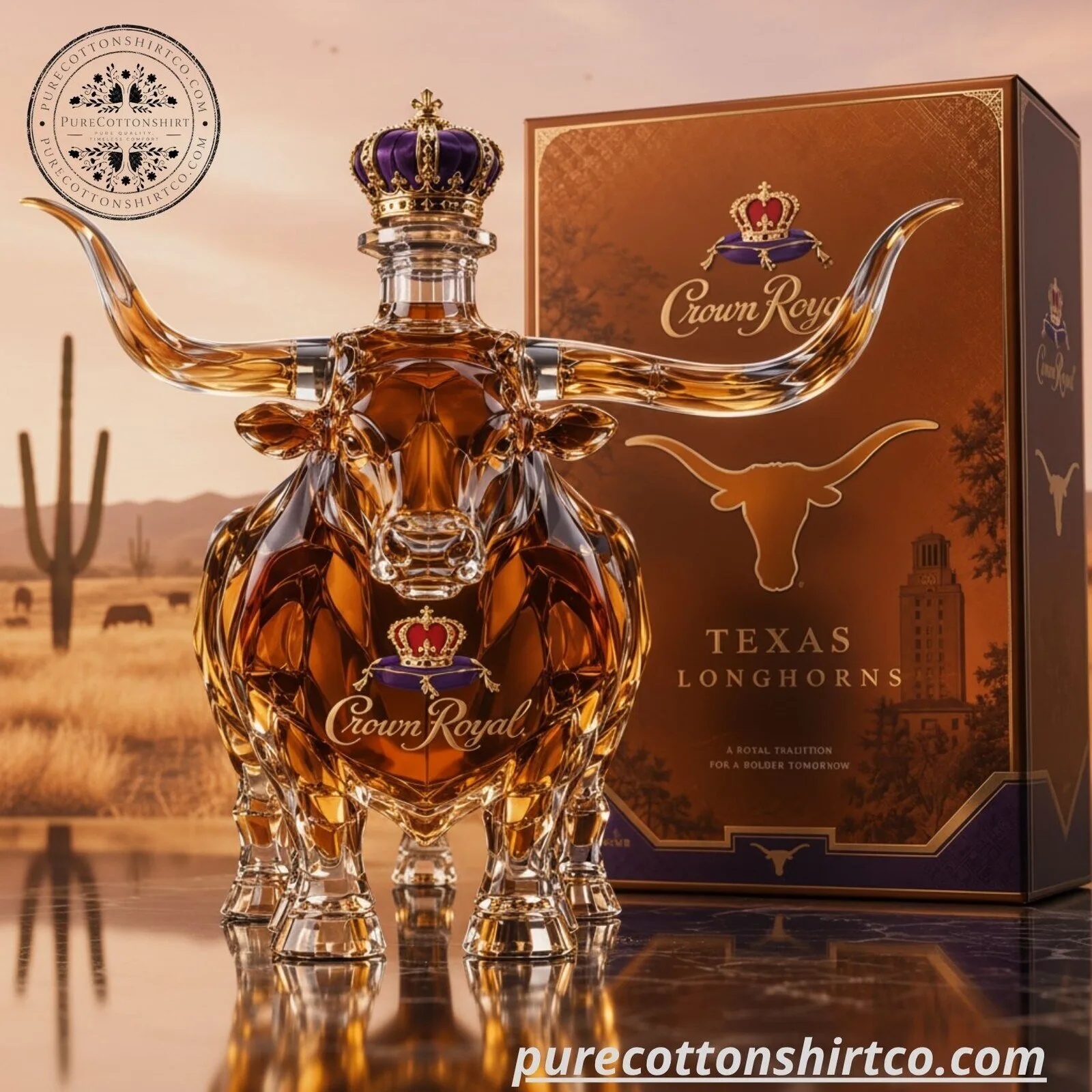 Texas Longhorns Crown Royal Whiskey Decanter - Longhorn Bull Glass Liquor Bottle