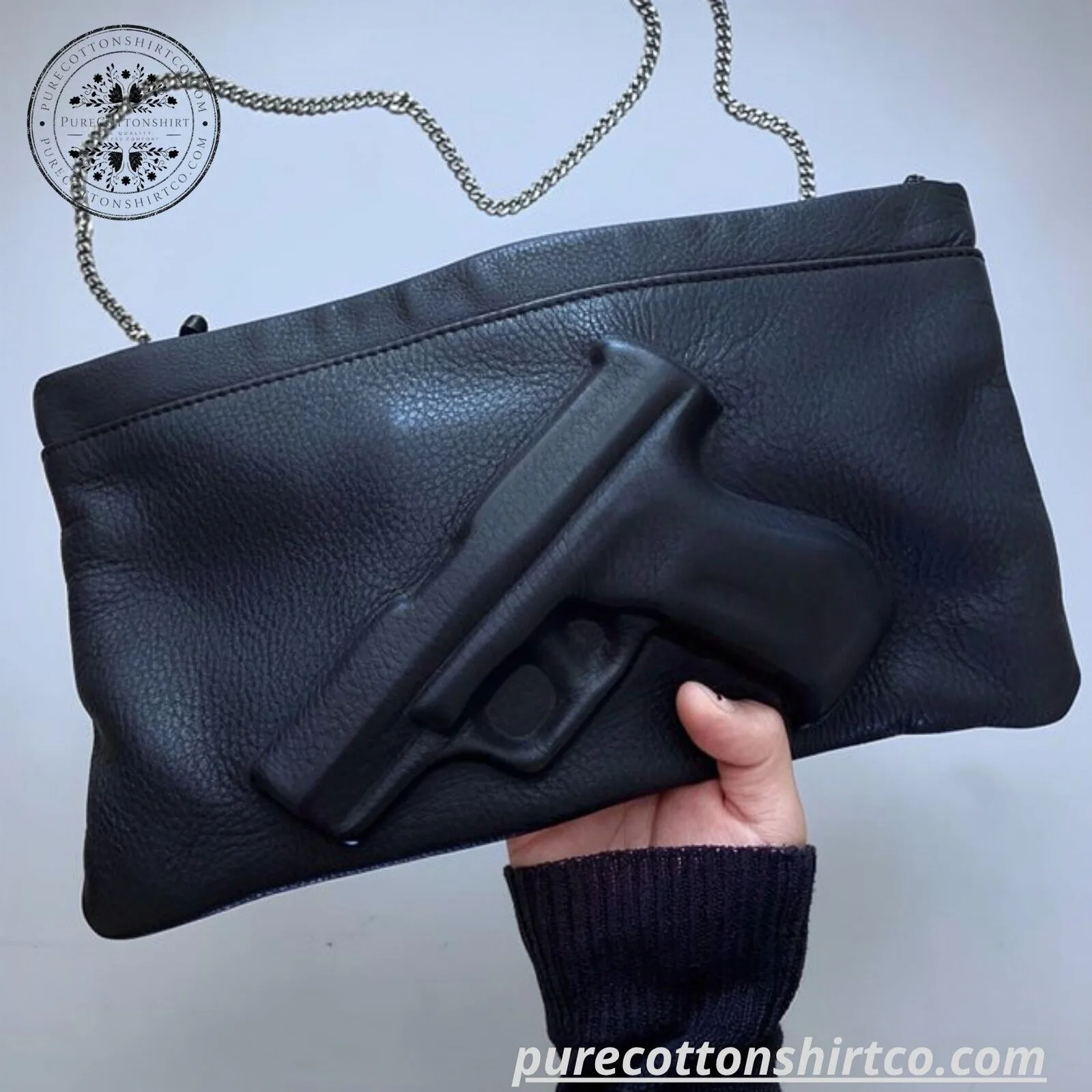 3D Gun Black Leather Clutch Bag - Edgy Gun Shaped Crossbody Purse