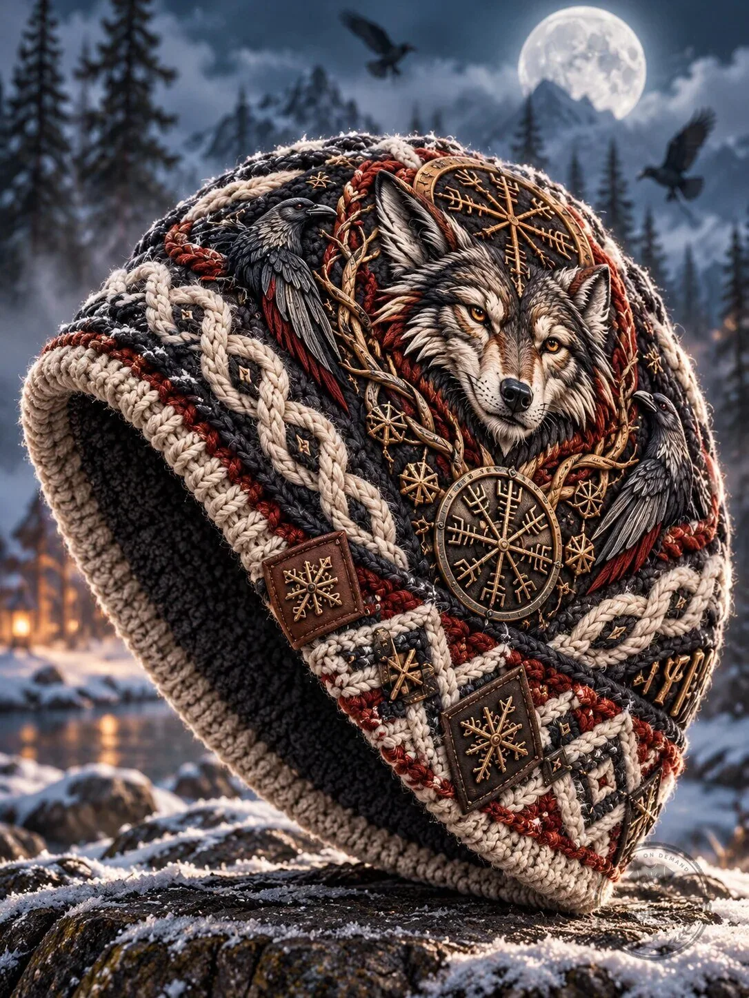 Nordic Wolf And Raven Winter Knit Beanie Hat