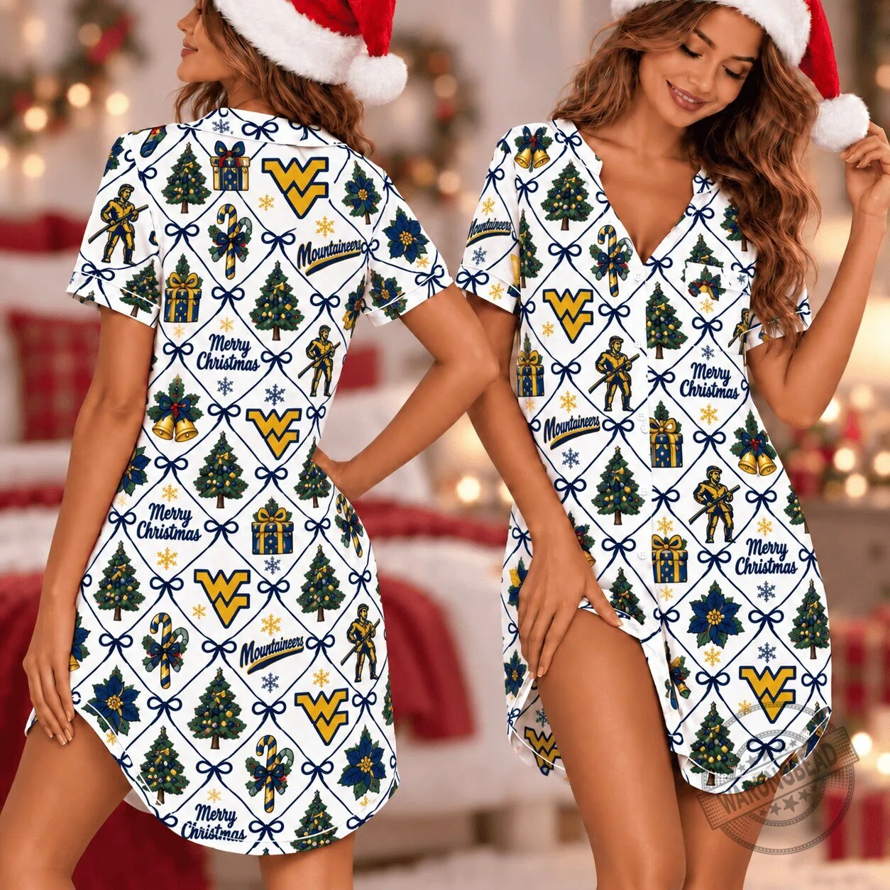 West Virginia Mountaineers Retro Christmas Women's Pajama Dress