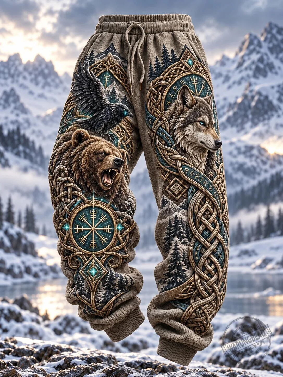 Nordic Animals Bear Wolf Raven Celtic Knot Winter Forest Pattern Sweatpants