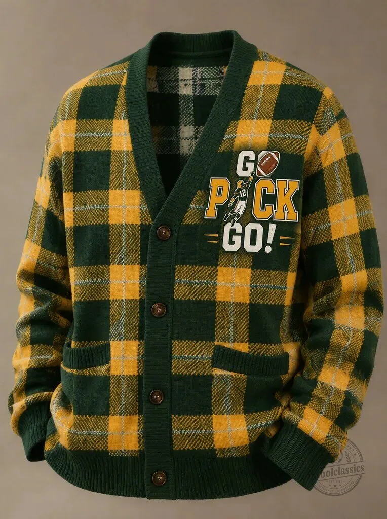 Green Bay Packers Plaid Pattern Cardigan Sweater