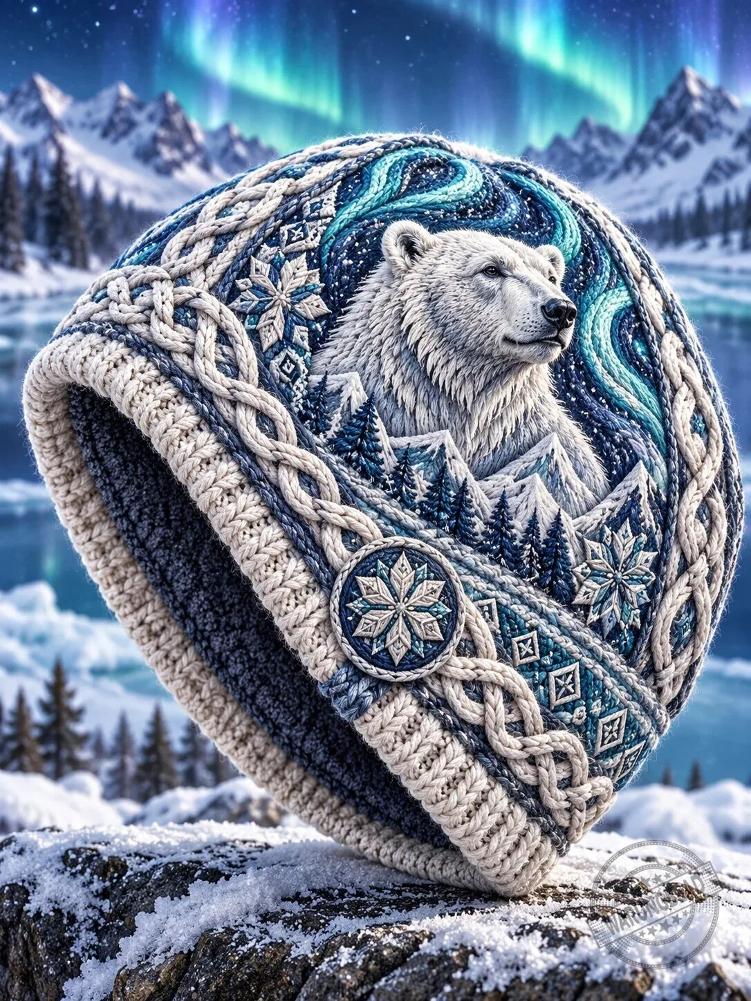 Nordic Polar Bear Winter Mountain Aurora Borealis Knit Cap Hat