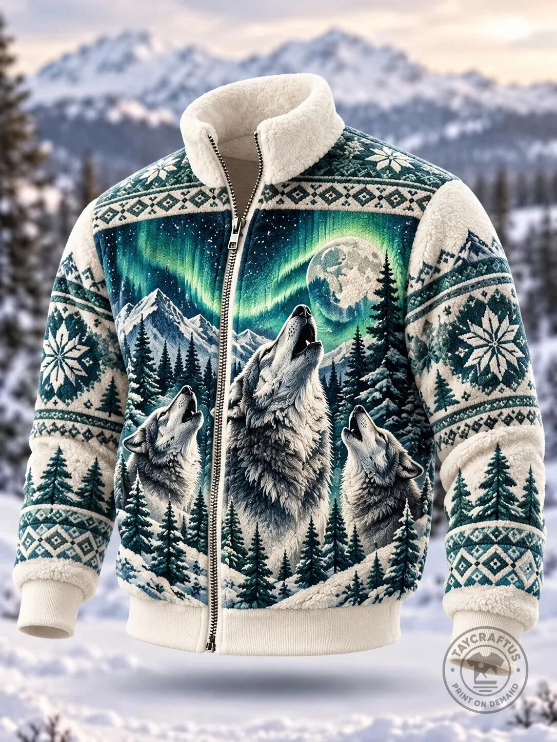 Wolf Pack Howling at Moon Northern Lights Winter Fleece Jacket 1 Wolf Pack Howling at Moon Northern Lights Winter Fleece Jacket