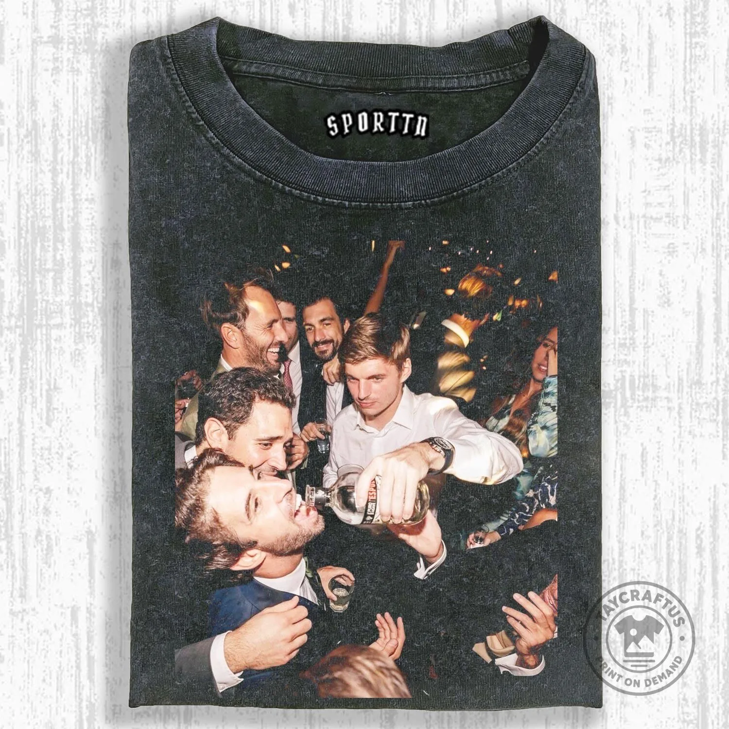 Max Verstappen Party Scene Graphic Print Washed Black Unisex T-Shirt