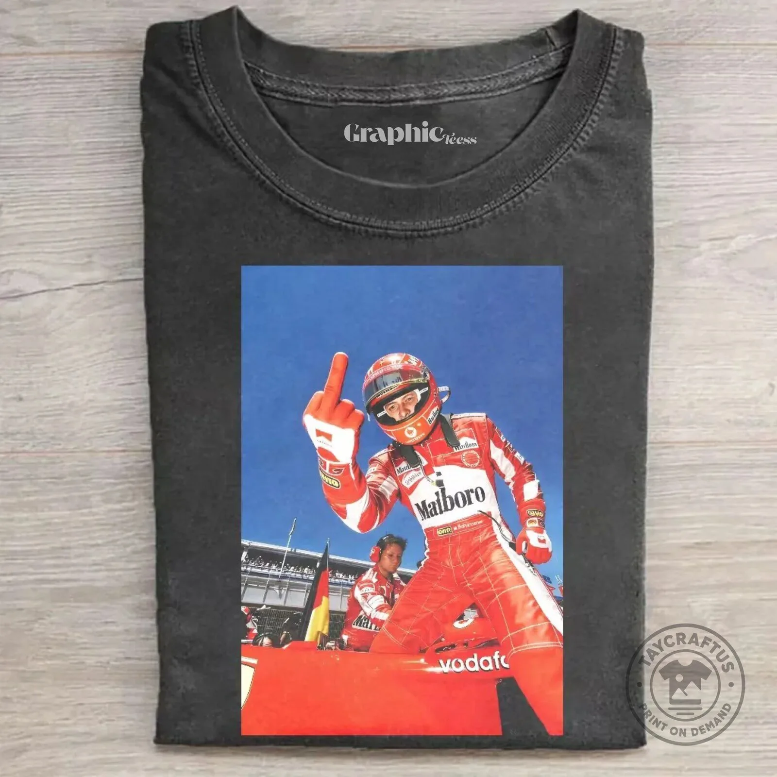 Michael Schumacher Ferrari Formula 1 Racing Driver Middle Finger T-Shirt 1 Michael Schumacher Ferrari Formula 1 Racing Driver Middle Finger T-Shirt