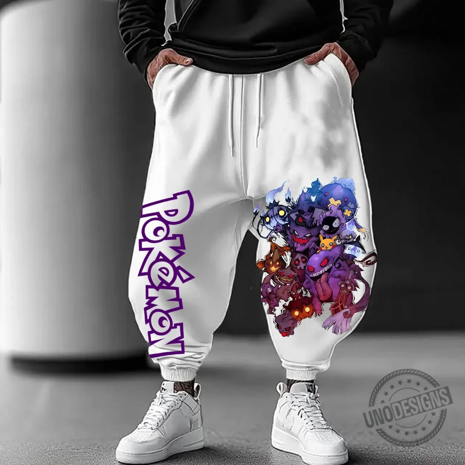 Pokemon Ghost Type Characters Graphic Print White Casual Jogger Sweatpants