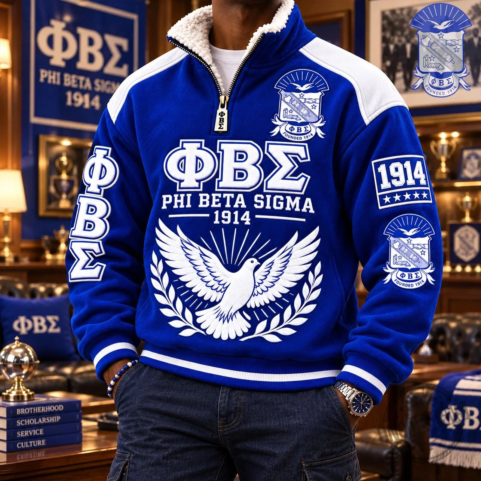 Sherpa Collar Pullover Jacket with Quarter Zip for Phi Beta Sigma Fraternity 6 Sherpa Collar Pullover Jacket with Quarter Zip for Phi Beta Sigma Fraternity