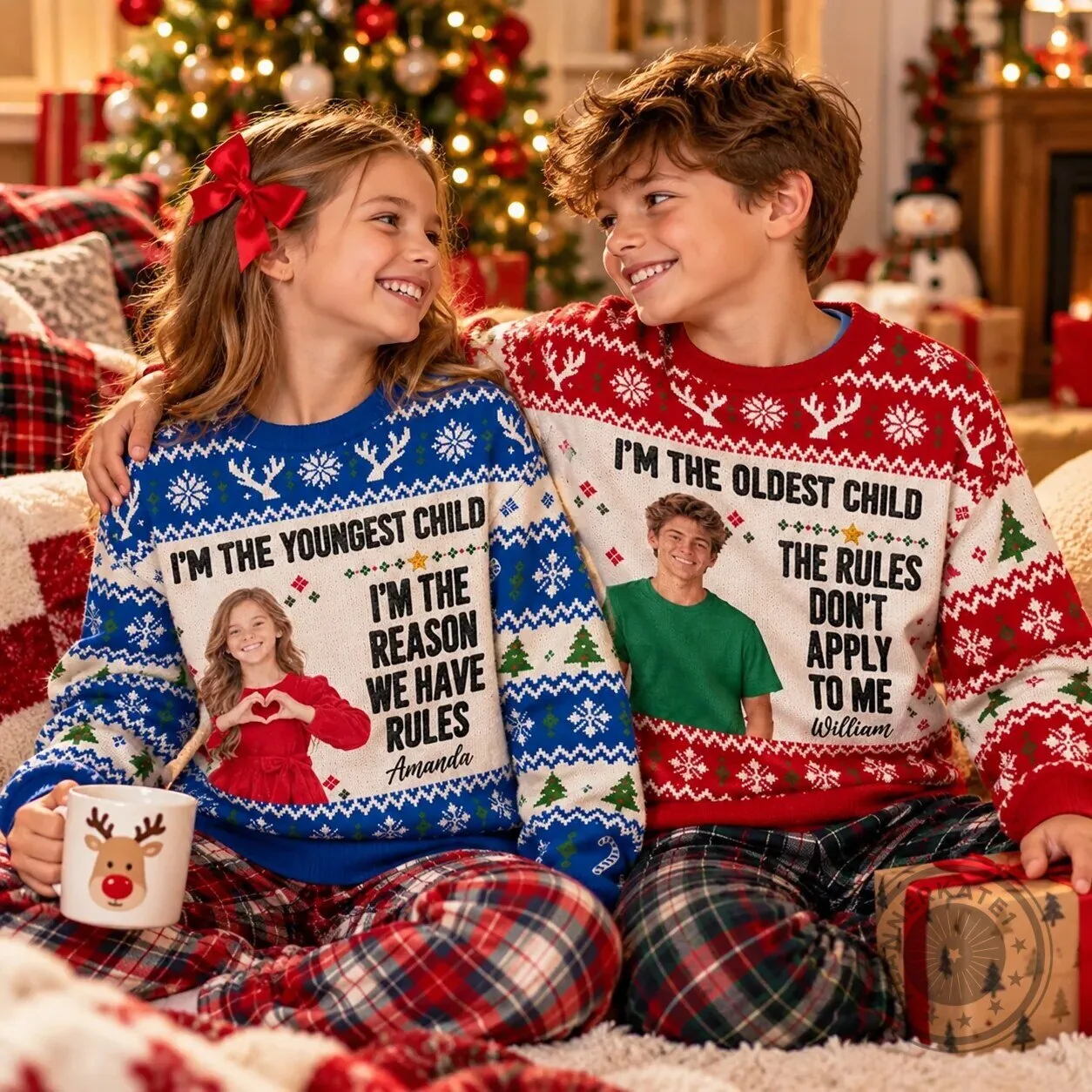 Personalized Sibling Photo Christmas Sweater for Youngest and Oldest Child
