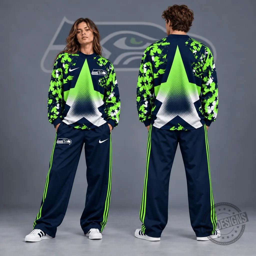 Seattle Seahawks Starburst Chevron Pattern Long Sleeve Crewneck Shirt Seattle Seahawks Starburst Chevron Pattern Long Sleeve Crewneck Shirt
