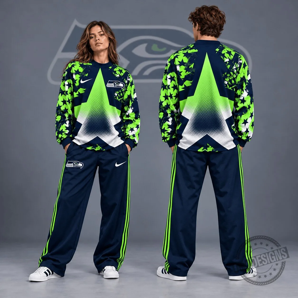 Seattle Seahawks Starburst Chevron Pattern Long Sleeve Crewneck Shirt