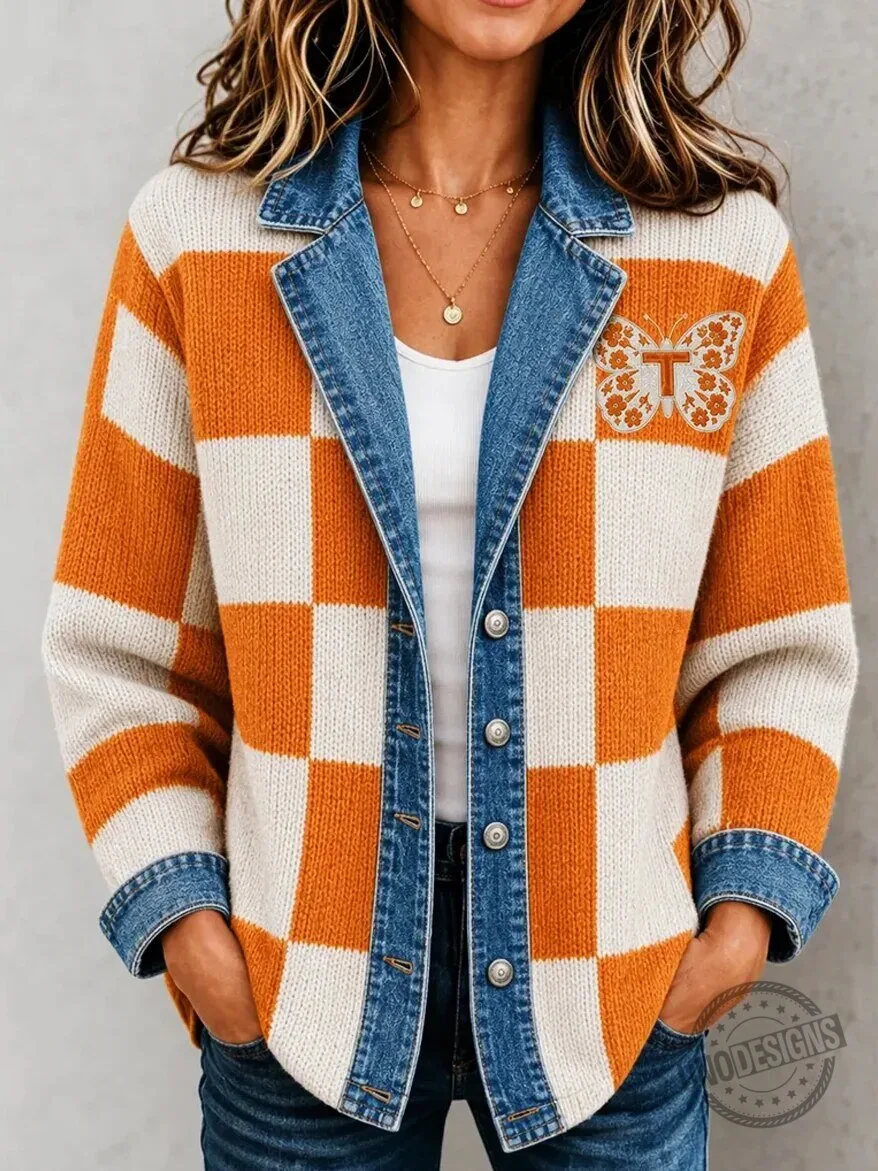 Tennessee Volunteers Checkered Butterfly Denim Collar Knit Jacket