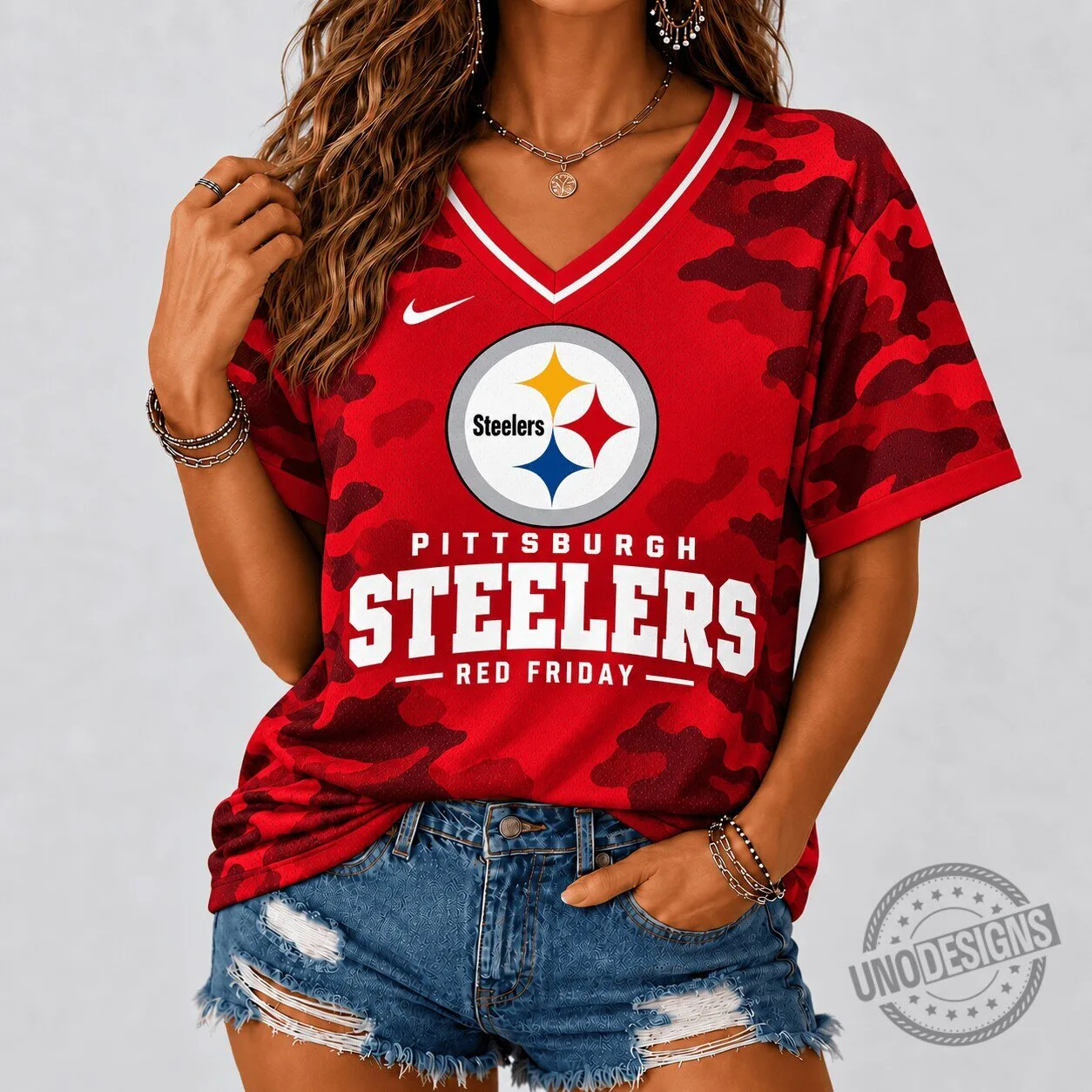 Pittsburgh Steelers Red Friday Camouflage V-Neck Football Jersey for Women
