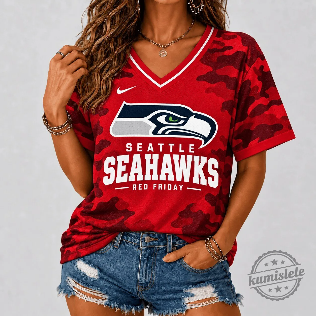 Seattle Seahawks Red Friday Camouflage V-Neck Football T-Shirt