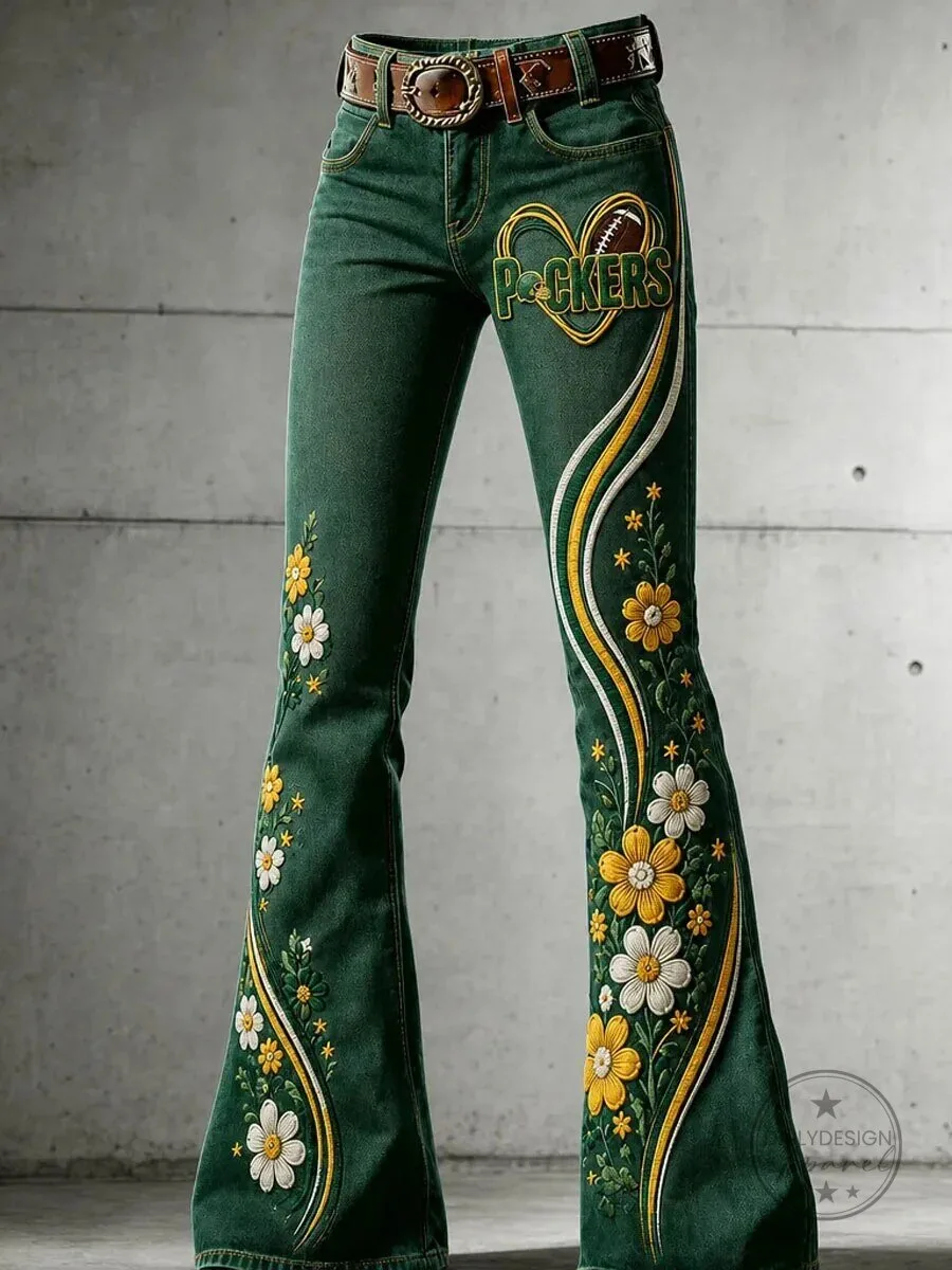 Green Bay Packers Floral Embroidered Flared Denim Pants for Women
