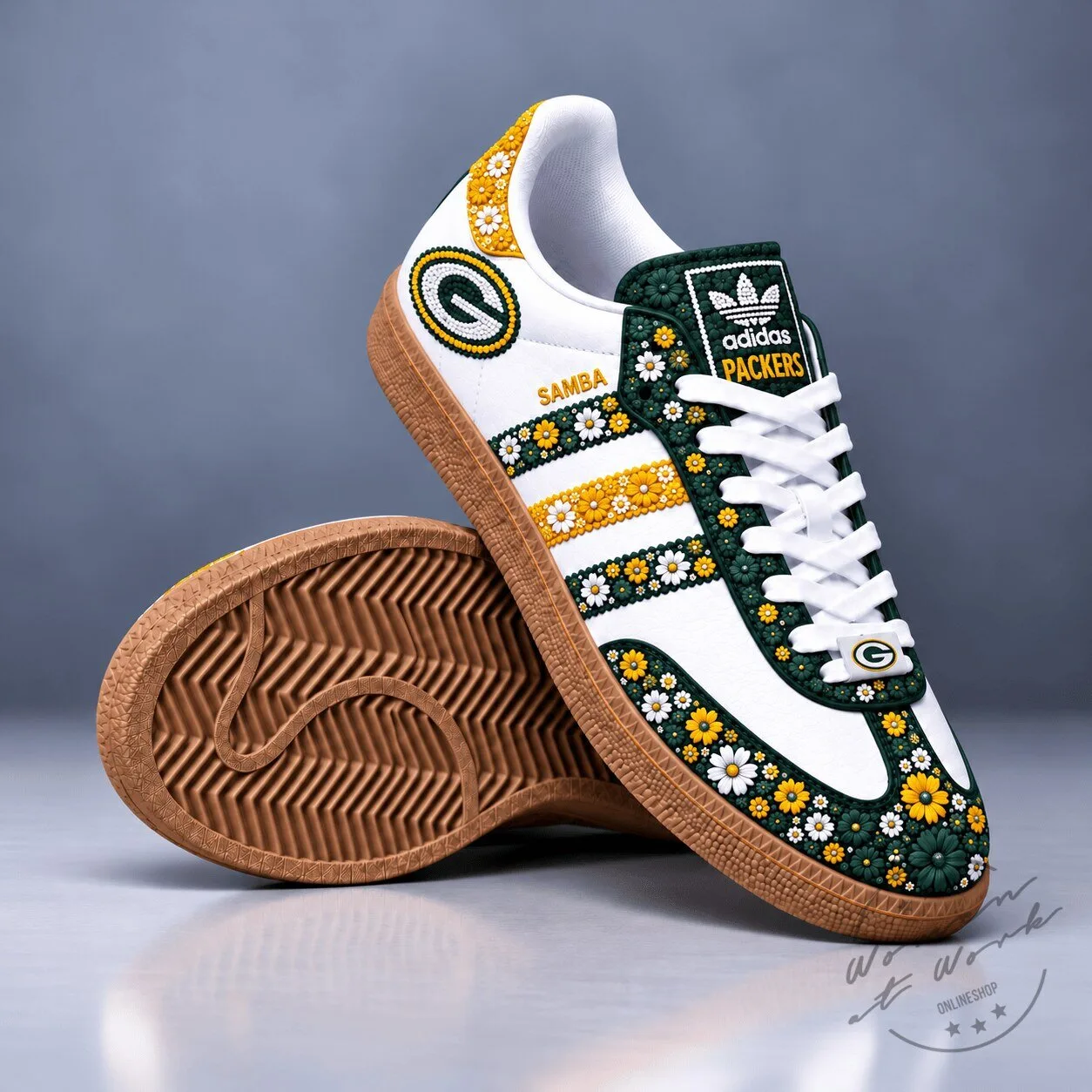 Green Bay Packers Floral Adidas Samba Sneakers - NFL Football Fan Shoes