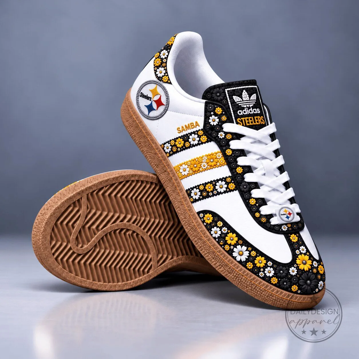 Pittsburgh Steelers Floral Pattern White Black Yellow Daisy Adidas Samba Shoes