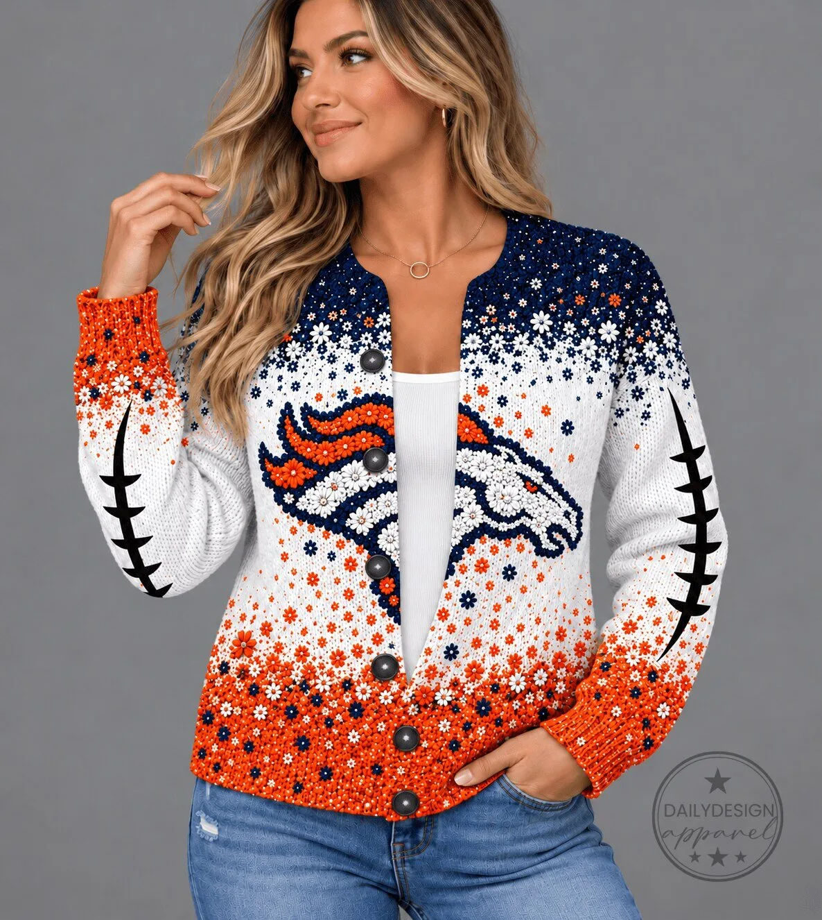Denver Broncos Floral Football Fan Cardigan Sweater for Women