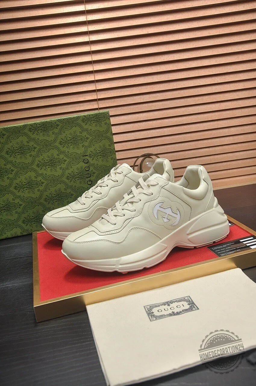 Gucci Cream Leather Logo Embossed Sneakers