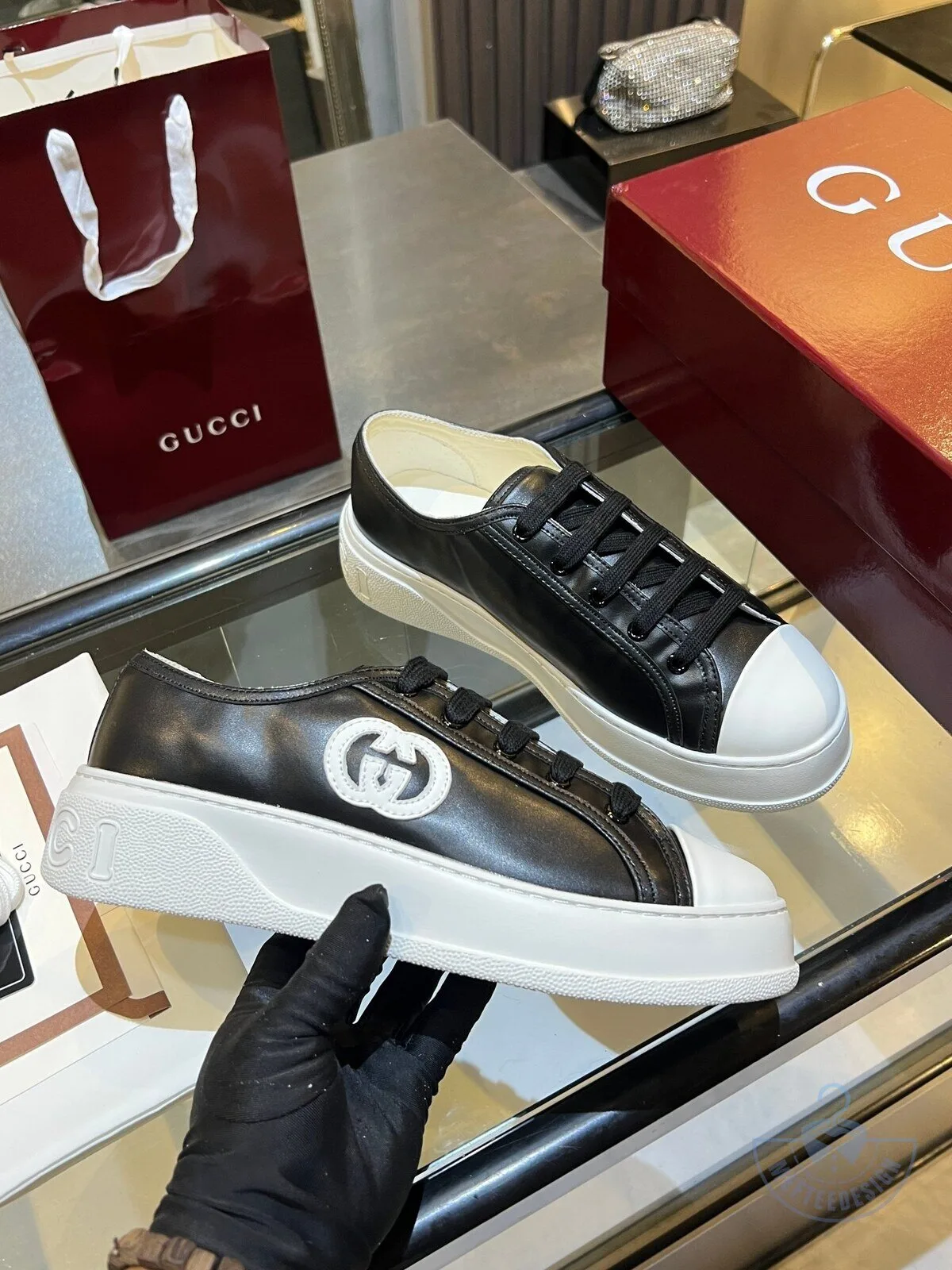 Gucci Interlocking G Logo Black and White Platform Sneakers Shoes