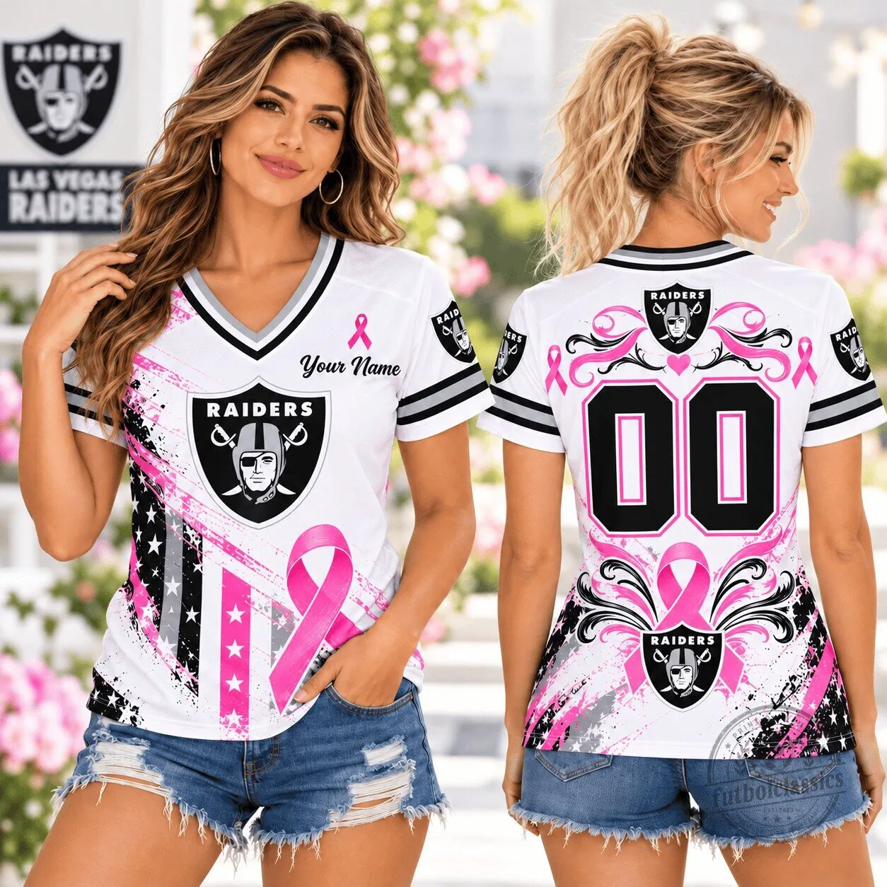 Las Vegas Raiders Pink Star Power Spirit Jersey V-Neck T-Shirt