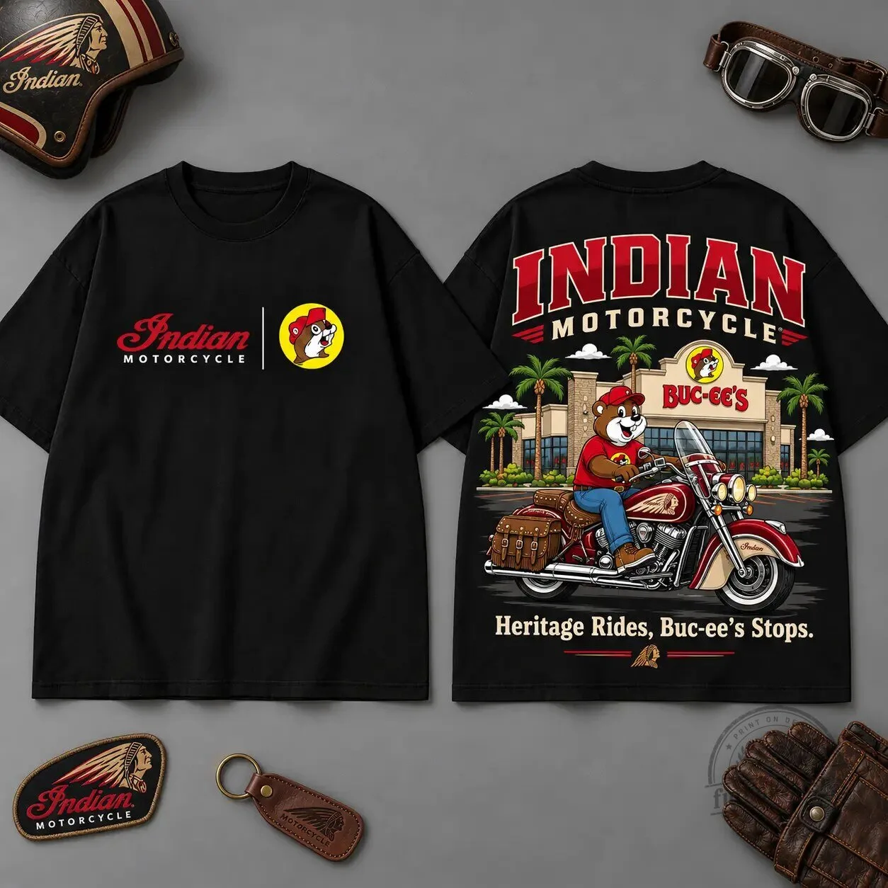 Indian Motorcycle Buc-ee's Heritage Rides Black Graphic T-Shirt for Road Trip Fans