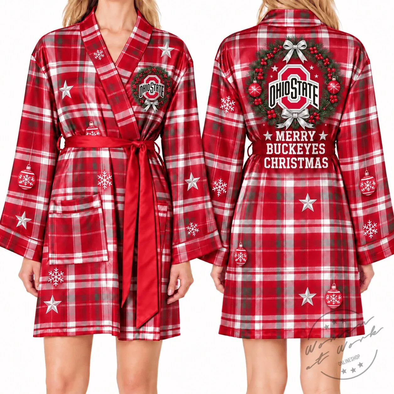 Ohio State Buckeyes Merry Christmas Plaid Satin Robe for Women