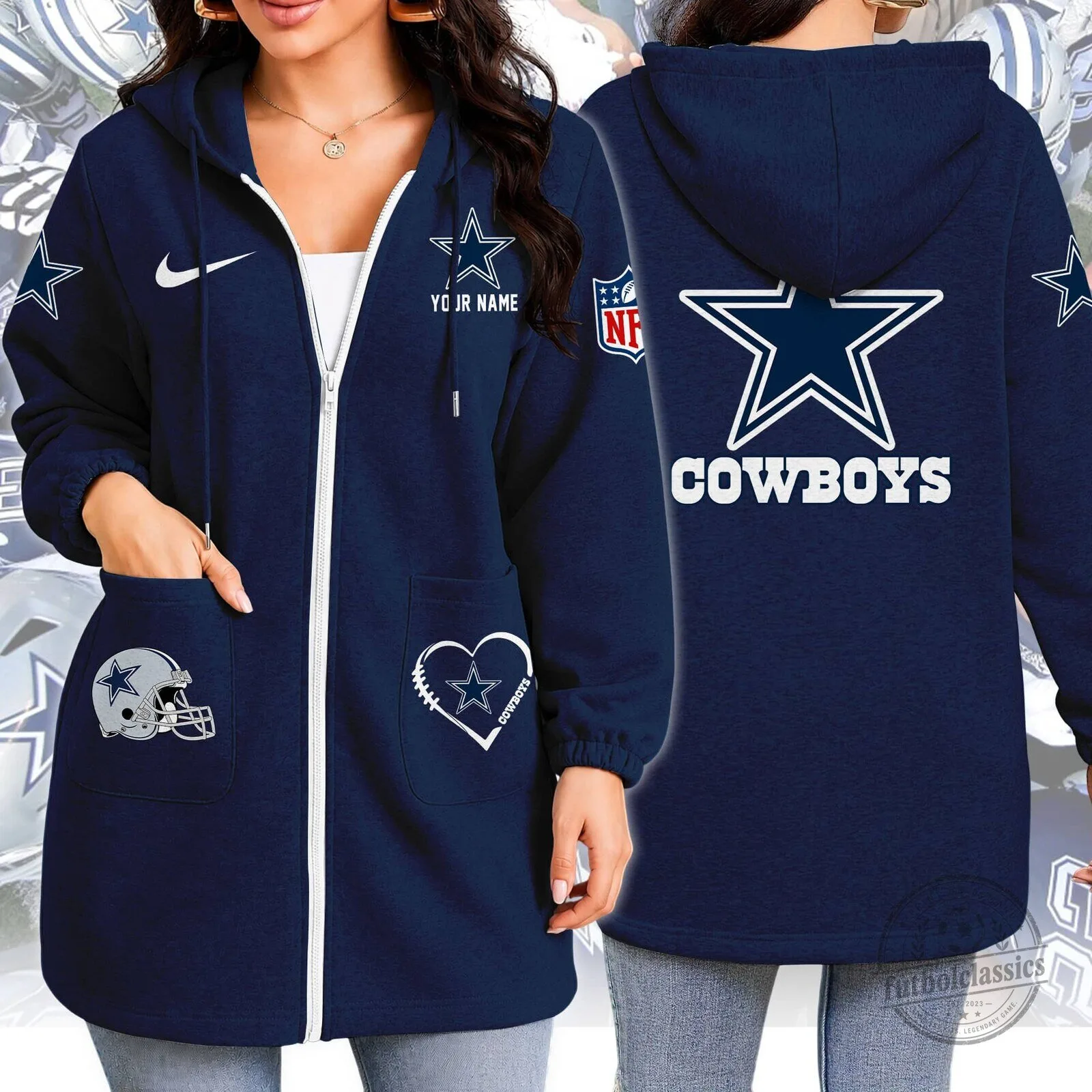 Dallas Cowboys Women's Full-Zip Hooded Sweatshirt with Pockets and Logo