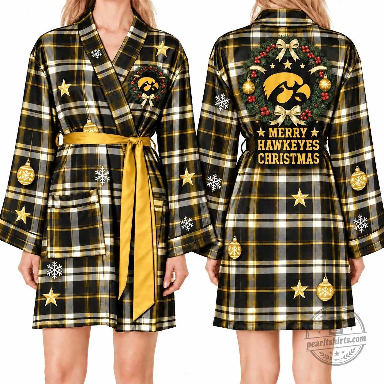 Iowa Hawkeyes Merry Christmas Plaid Pattern Satin Robe