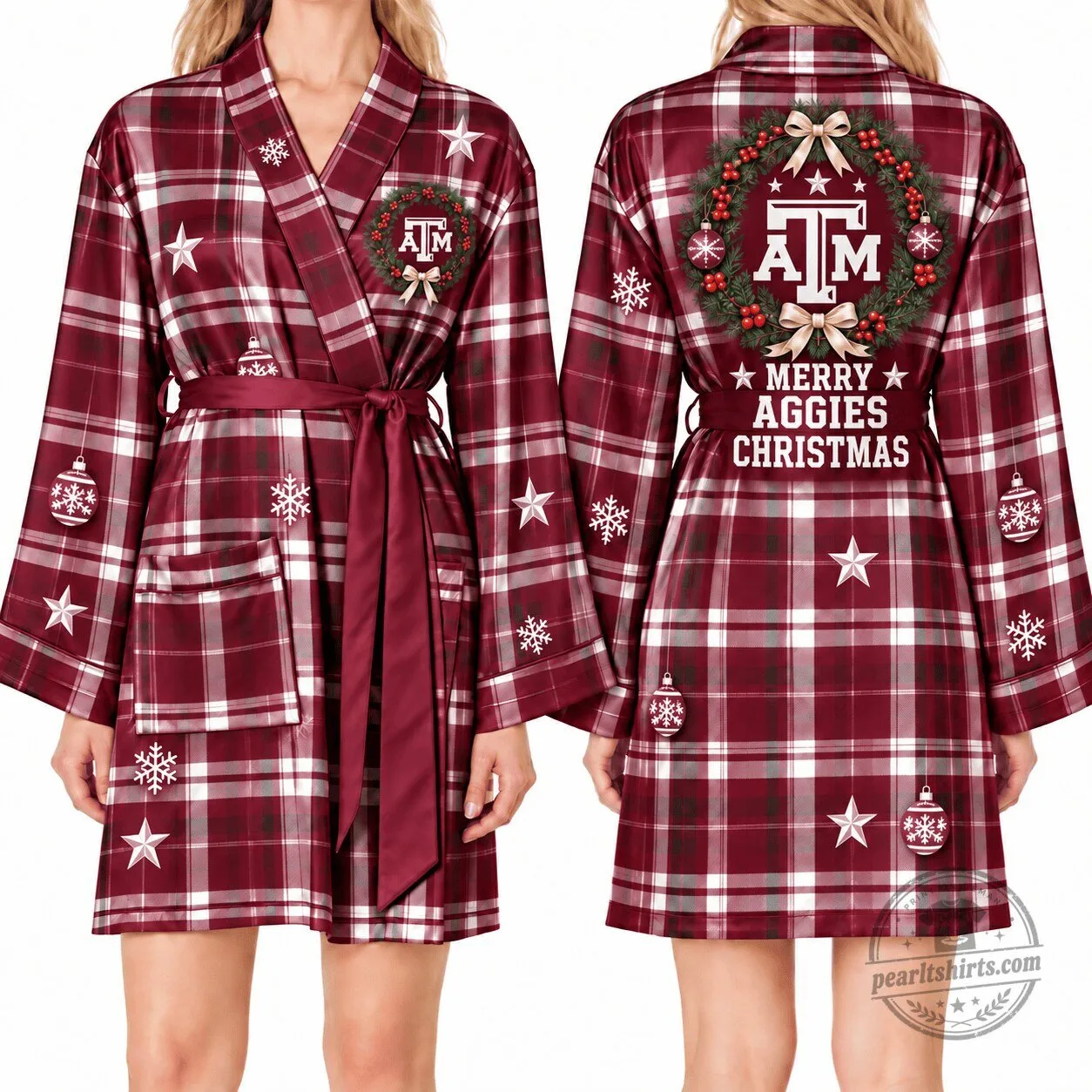 Texas A&M Aggies Christmas Plaid Satin Robe with Wreath and Snowflakes 1 Texas A&M Aggies Christmas Plaid Satin Robe with Wreath and Snowflakes
