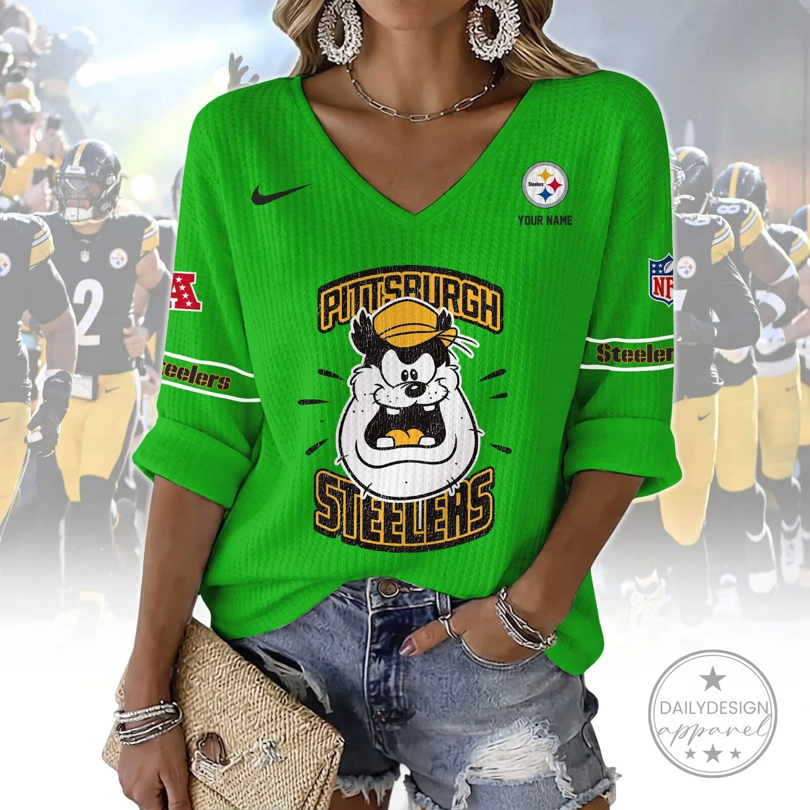 Pittsburgh Steelers Football Team Goofy Cartoon Green V-Neck Sweatshirt