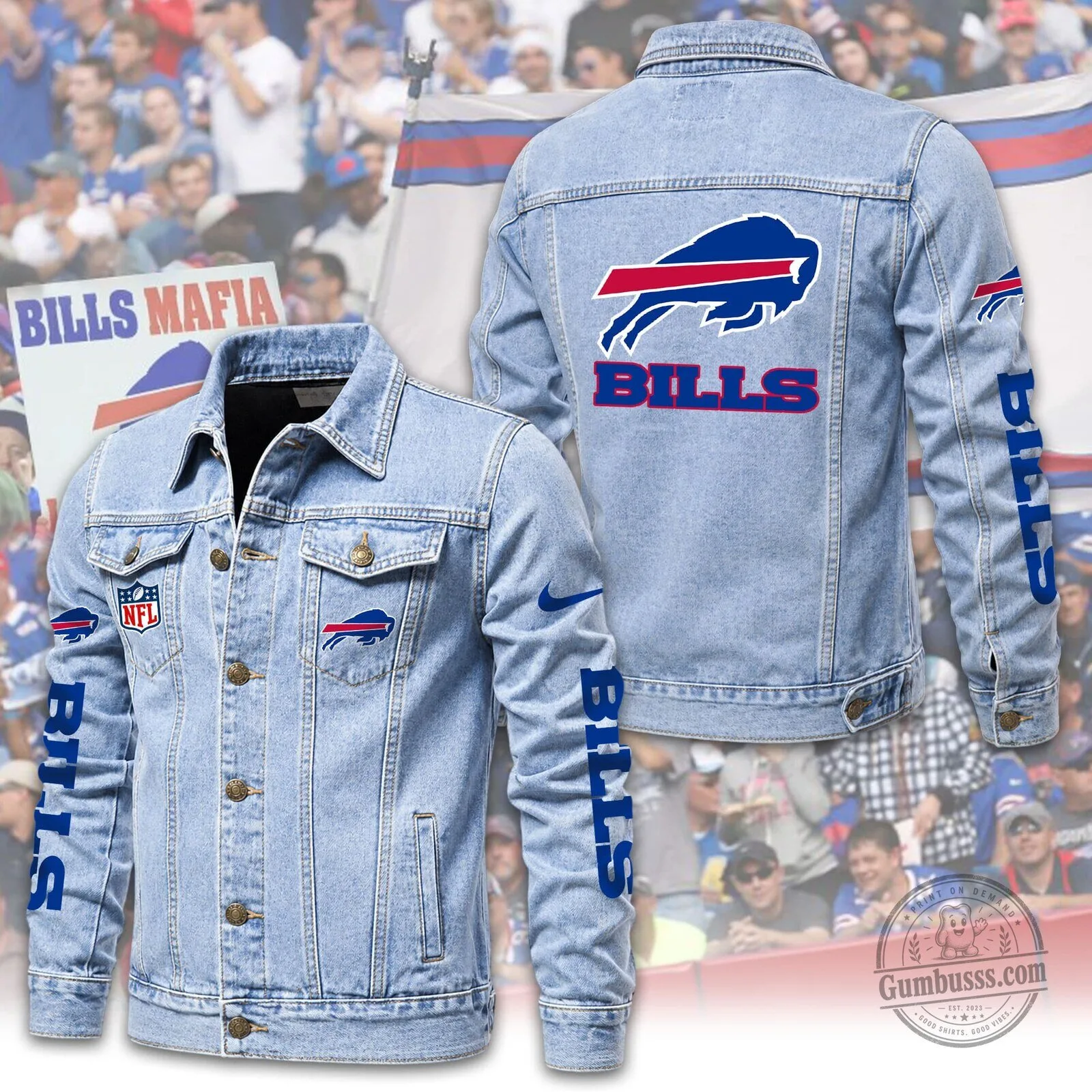 Buffalo Bills NFL Football Team Logo Denim Jacket for Men and Women 4 Buffalo Bills NFL Football Team Logo Denim Jacket for Men and Women
