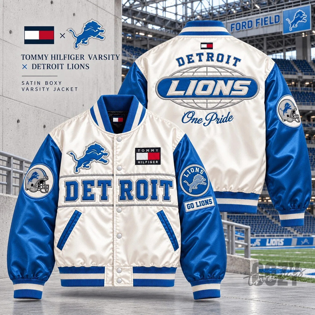 Detroit Lions Tommy Hilfiger Satin Boxy Varsity Jacket