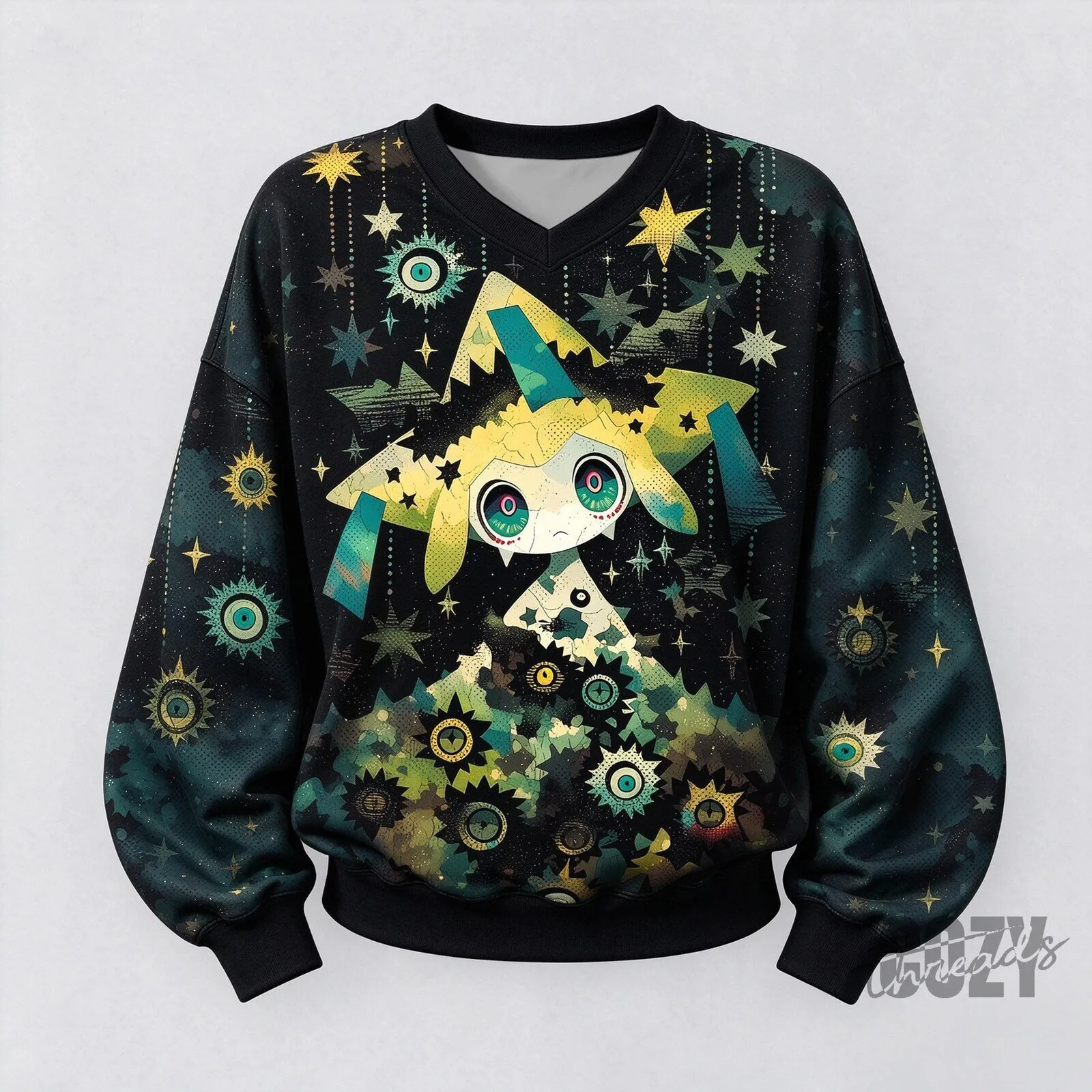 Jirachi Pokémon V-Neck Sweatshirt, Starry Night Sky Cute Anime Character Apparel