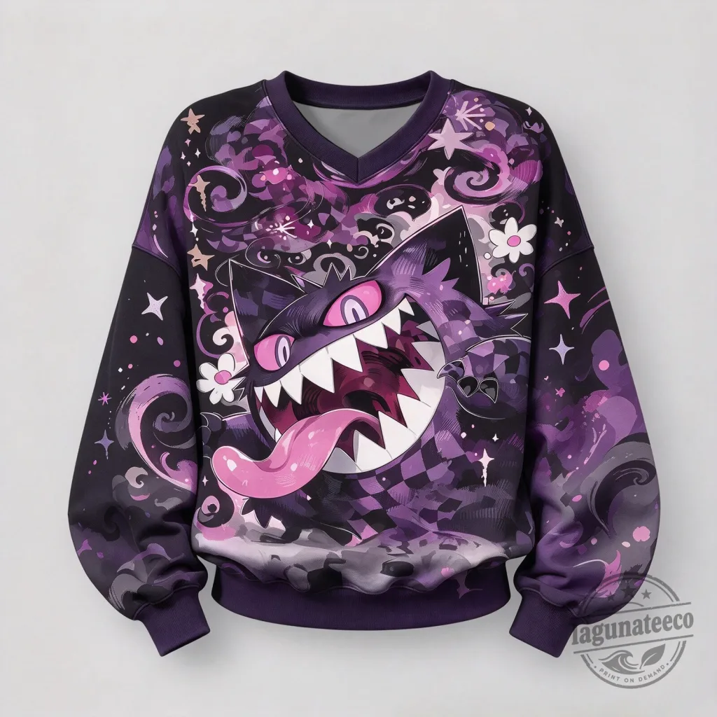 Gengar Pokémon Anime Character Purple V-Neck Sweatshirt Gengar Pokémon Anime Character Purple V-Neck Sweatshirt